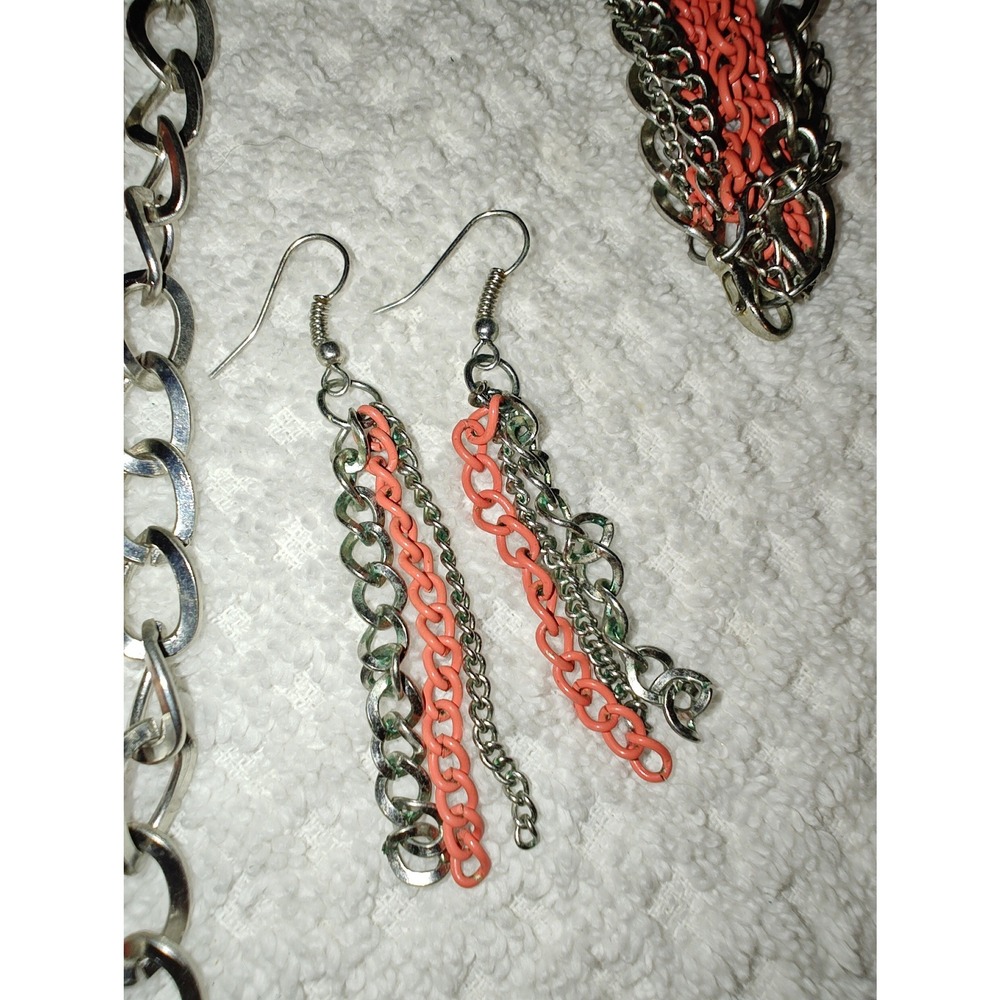 Jewelry Set Multi Strand Chain Necklace Earrings Silver Coral Orange Edgy Punk - Picture 2 of 2